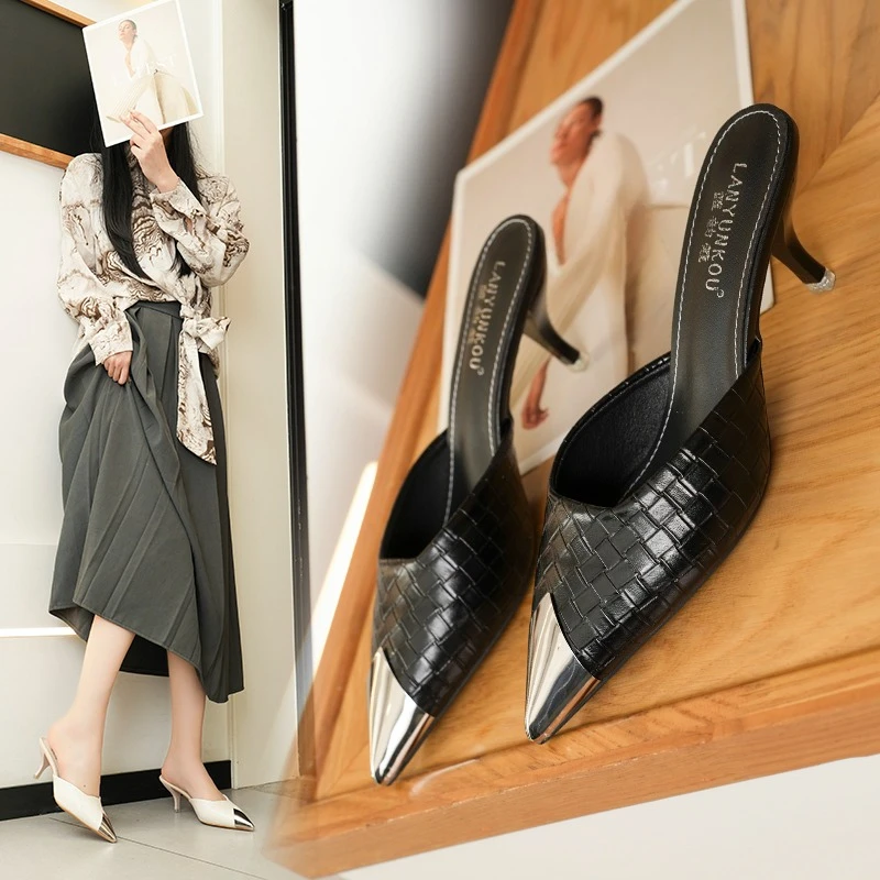 Hot Sell Women's Summer Thin-High-Heel pointed-head weave Semi-Slipper Fashion comfortable golden Baotou Slip on Ladies Sandal