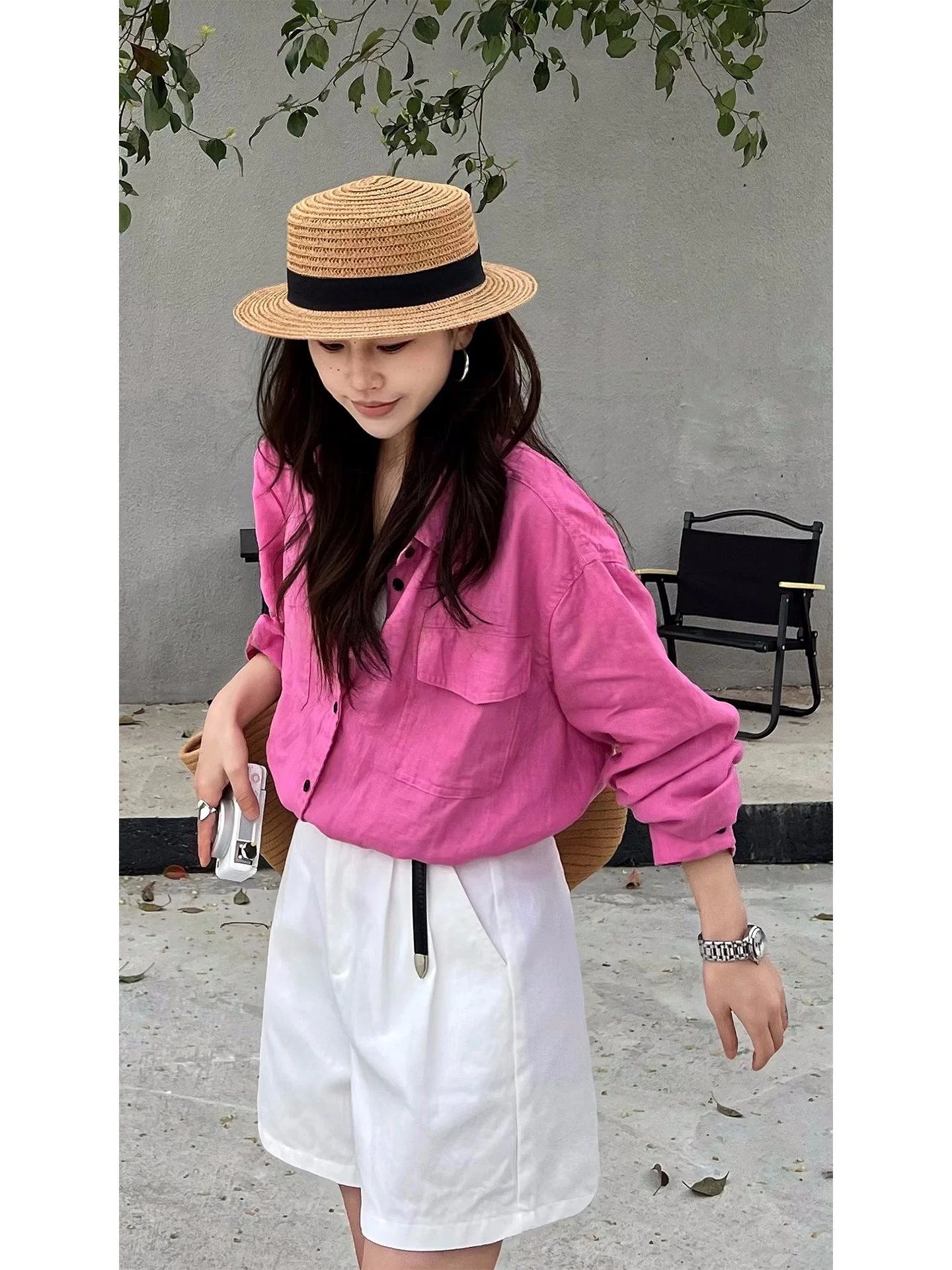 

Розовая льняная рубашка женская повседневная с длинным рукавом, комплект, весна 2026, новый стиль, удобная, дышащая, свободного кроя, для офиса и повседневной носки