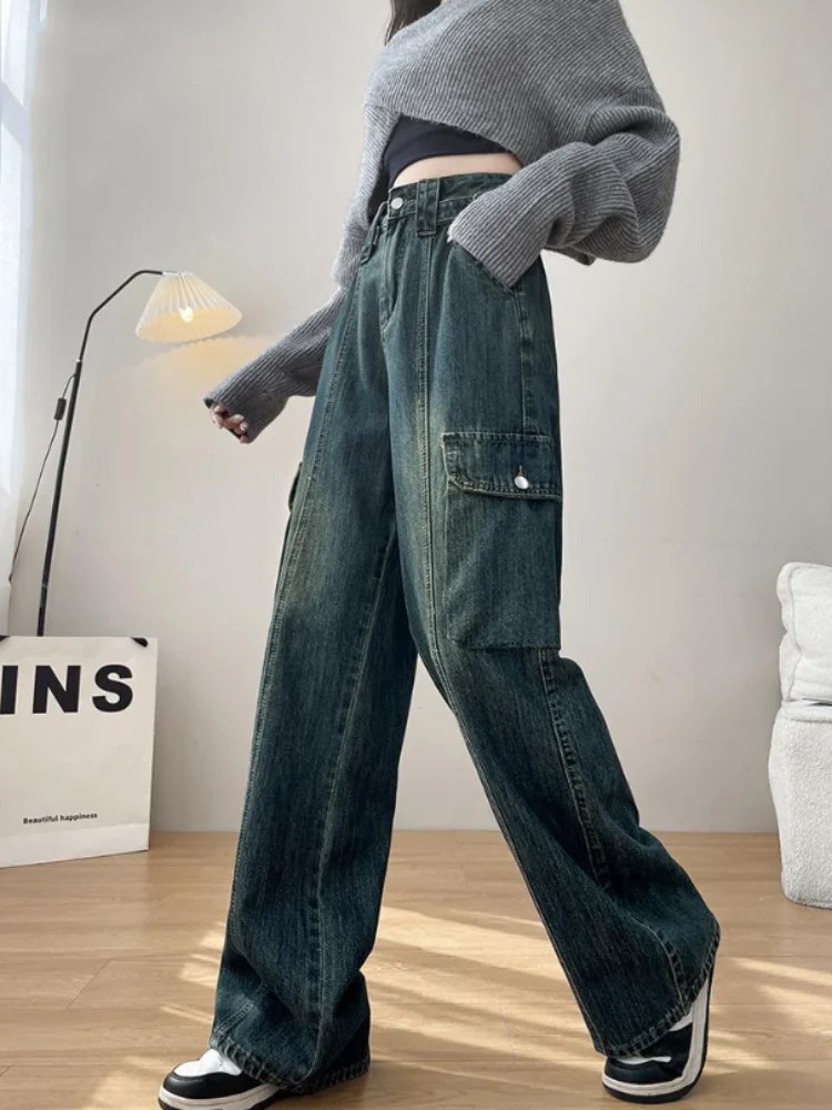 Vintage Cargo Straight Washed Jeans Baggy High Waisted Fashion Streetwear Denim Pants Women's Casual Wide Leg Retro Vaqueros