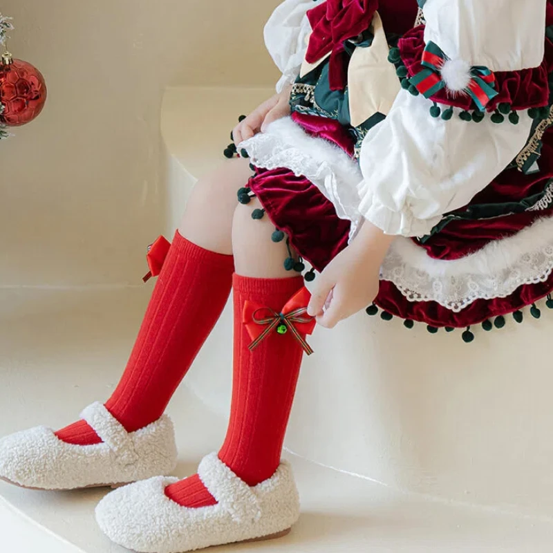 Christmas Themed Red Green Mid Calf Socks For Sweet Girls Decorated With Pretty Holiday Motifs Light Ventilated Stretch Legwear