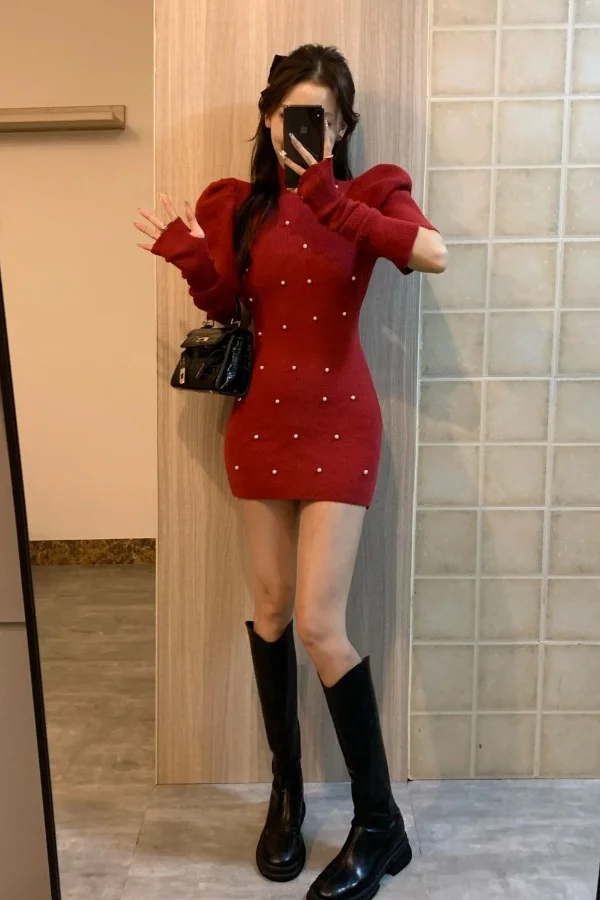 

New Year's Robe Sweater Red Slim Dress Winter Christmas Atmosphere Dress Short Skirt