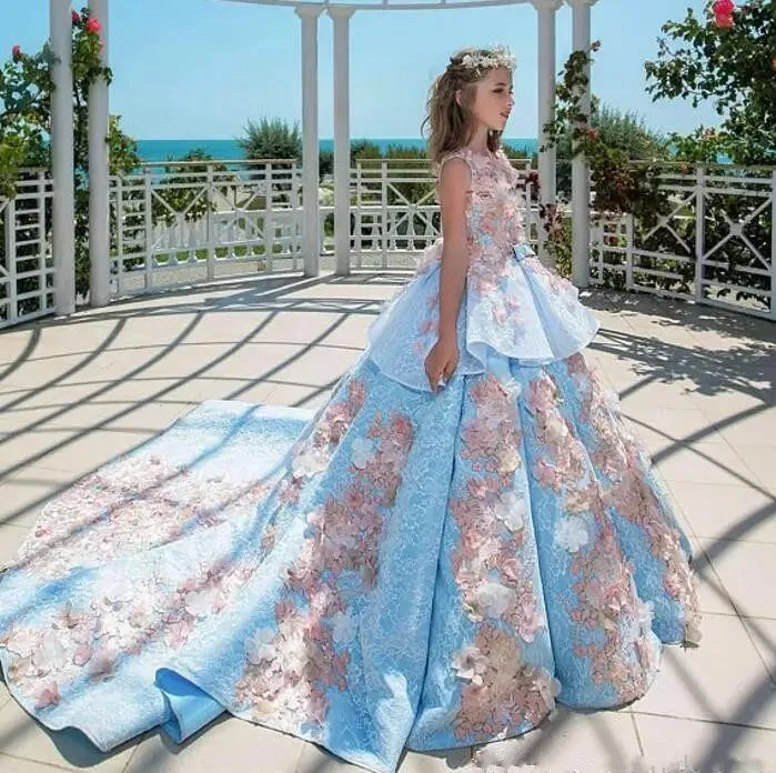 Sky Blue Mini Quinceanera Dresses Ball Gown Scoop Floral Lace Flower Girl Dresses For Weddings Mexican Pageant Dresses Baby