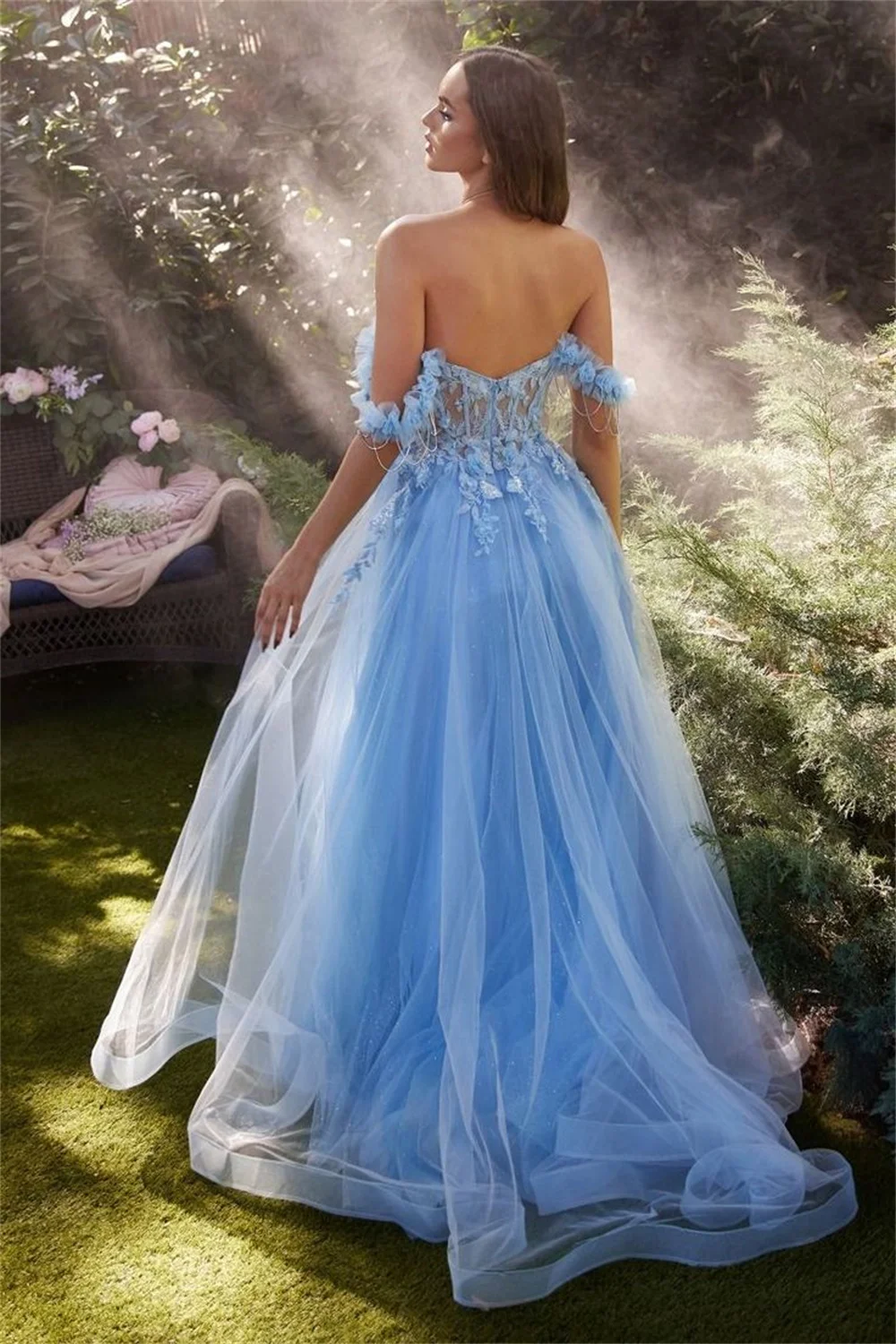 Amanda Baby Blue Vestido De Novia Shiny 3D Flower Lace Prom Dress 2024 Side Split Customized Off Shoulder A-line Evening Dress