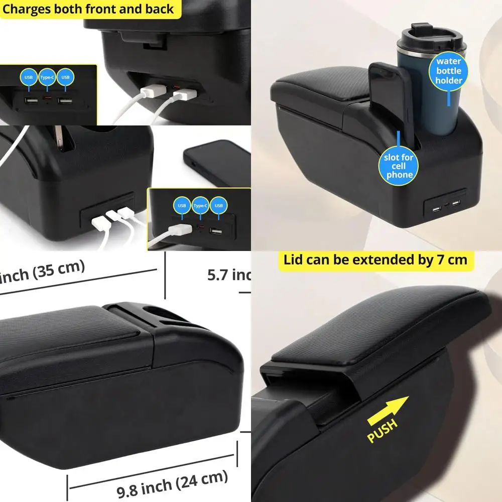 

AULPHIKE, совместимый с подлокотником Fiat 500 2012-2025, органайзер для центральной консоли автомобиля, подлокотники, двухслойное хранилище с USB (углерод F)