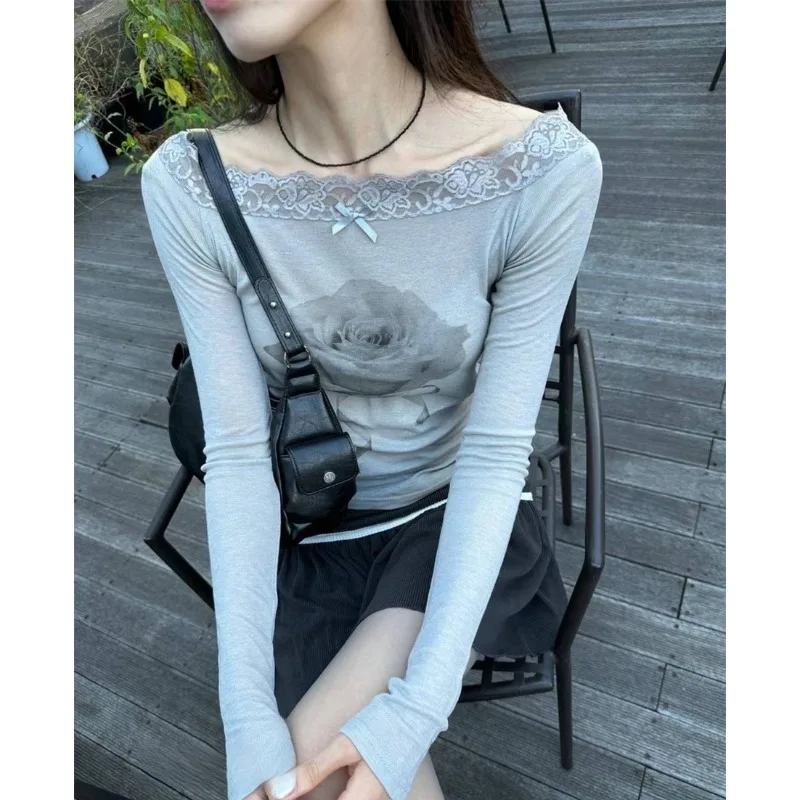 Vintage Strapless Bow Casual Long-sleeved T-shirt Women 2024 Autumn New Streetwear Rose Print Lace Splicing Sexy Crop Tops