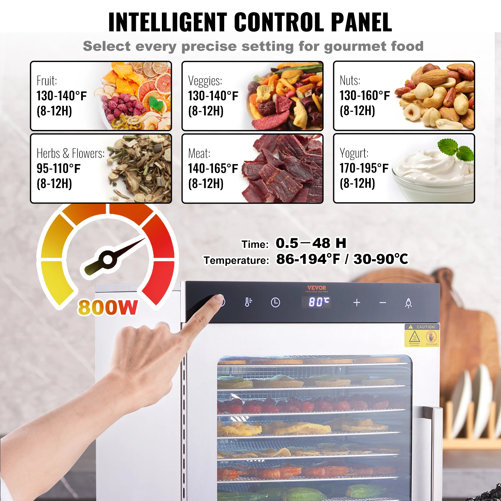 VEVOR 10 ถาดอาหาร Dehydrator เครื่องสแตนเลส 800 W/1000 W ในครัวเรือนผักผลไม้เครื่องเป่า Digital Timer สําหรับ Home