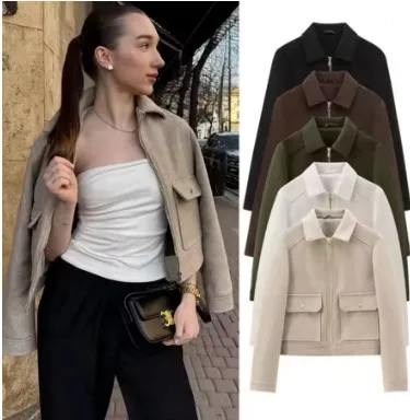 KIDCRKJ Vielseitige Damen-Frühlingsjacke mit Reißverschluss, neue Langarm-Oberbekleidung mit Taschen, kurze, elegante Damenjacke für den Alltag