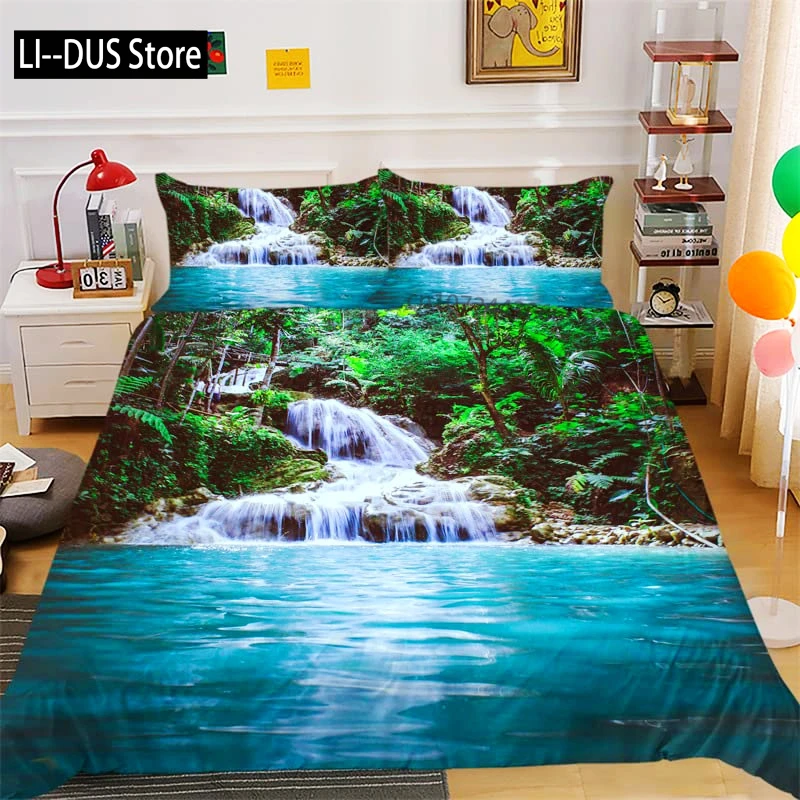 

Nature Duvet Cover Set, Waterfall Flowing Decorative 3 Piece Bedding Set with 2 Pillow Shams, Queen Full Size, Fern Green Blue