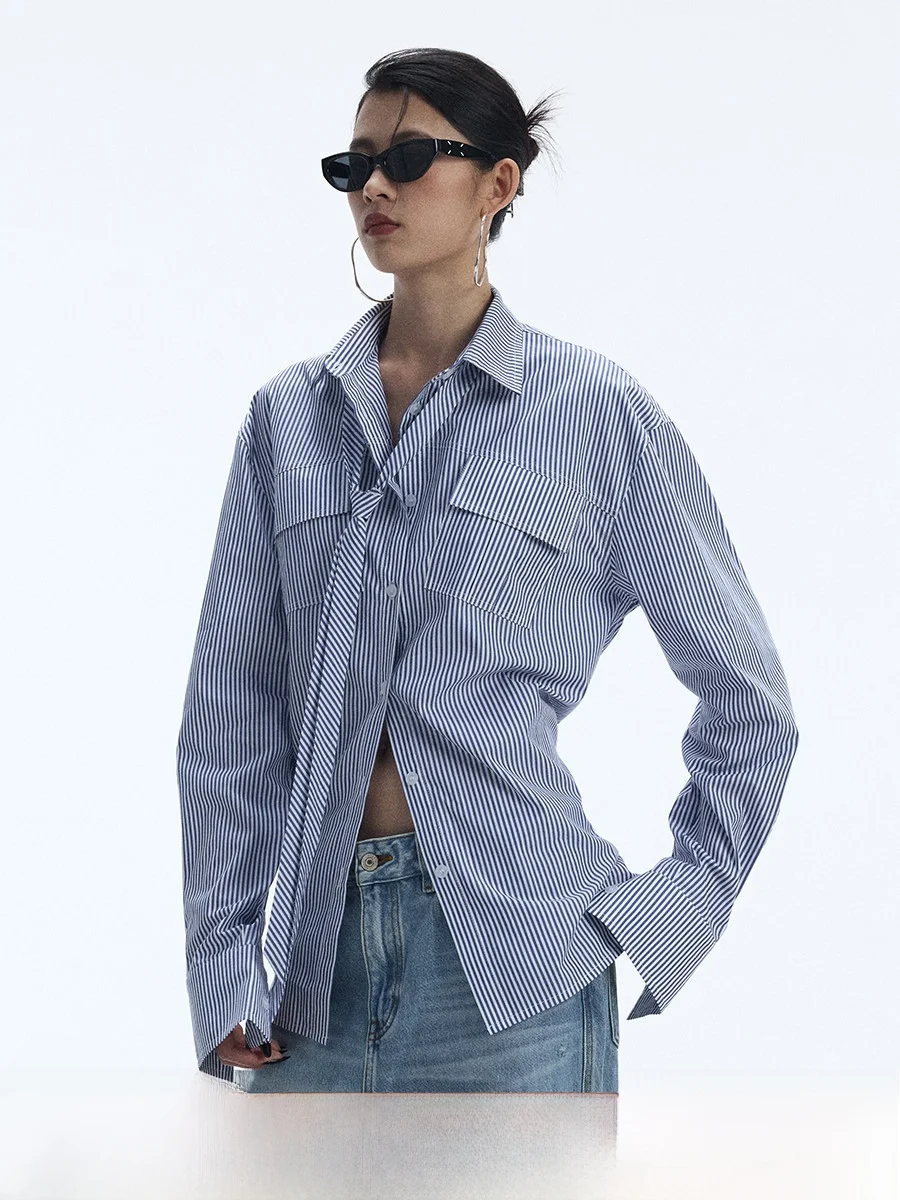 

Женская свободная рубашка Ourhour с завязками на талии, в полоску, из хлопка, с длинными рукавами, в рабочем стиле, осенний топ