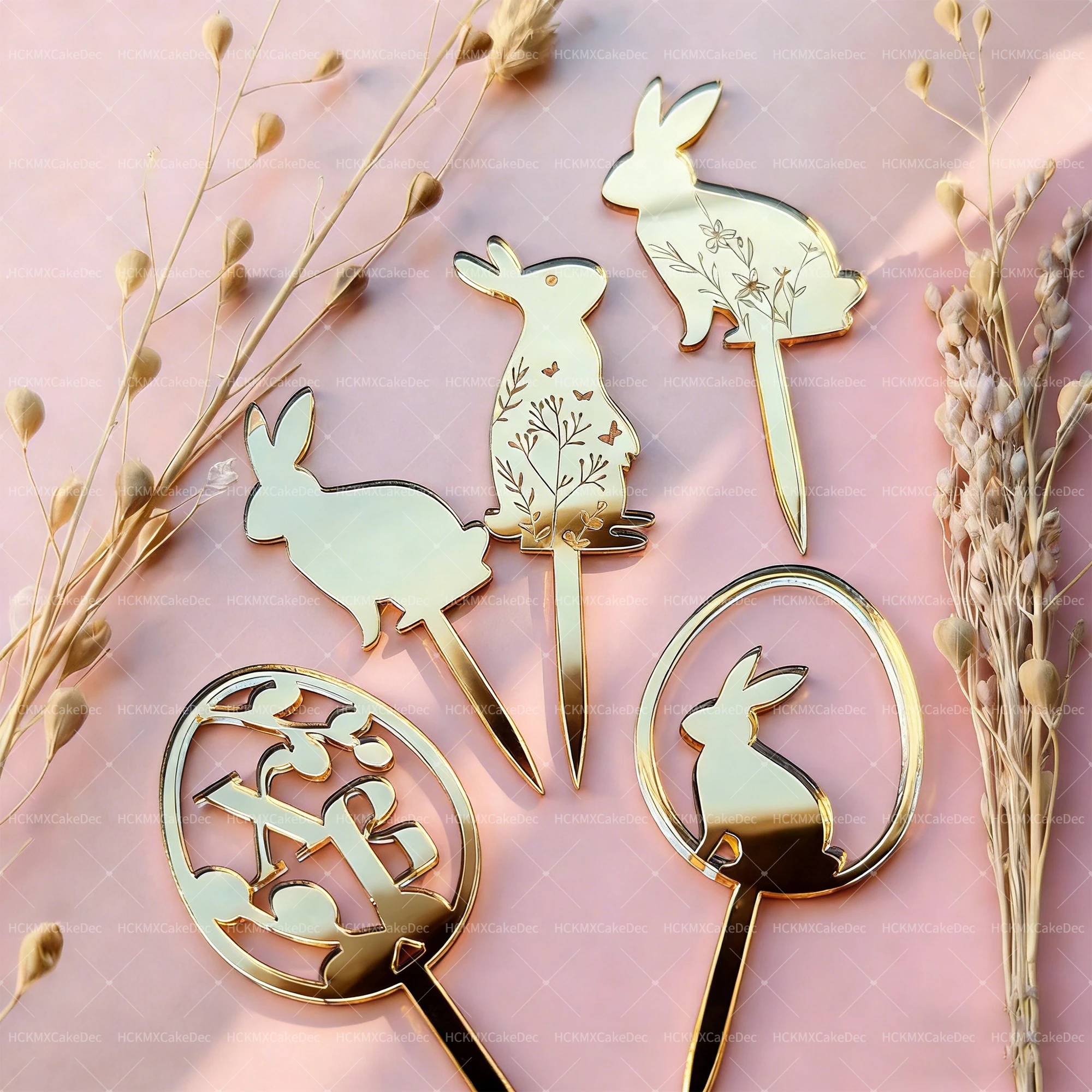 2/3 Peças de Topper de Bolo de Coelho da Páscoa em Acrílico Dourado Espelhado para Decoração de Festas de Páscoa, Casamento e Aniversário