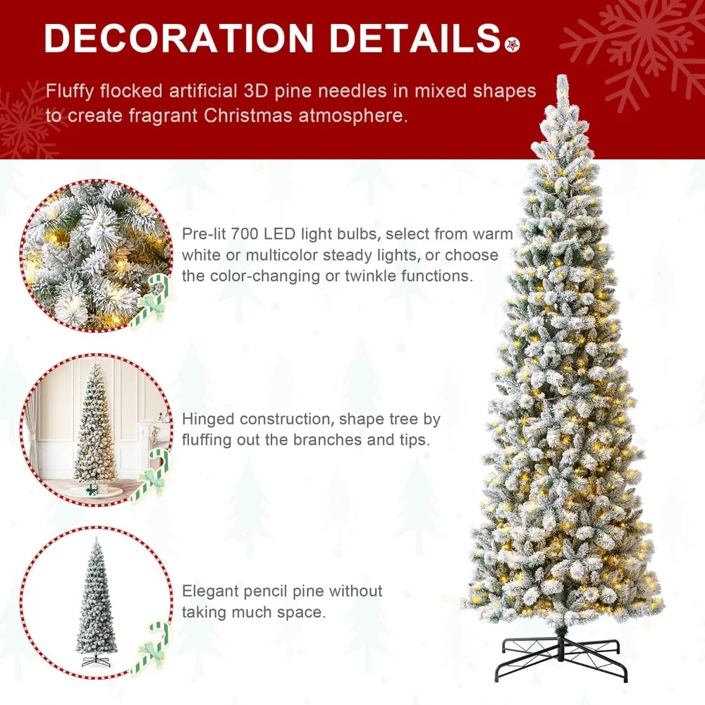 

11ft Prelit Christmas Tree, Flocked Artificial Christmas Tree, Green Pencil Tree Portland Snowy Pine Xmas Tree