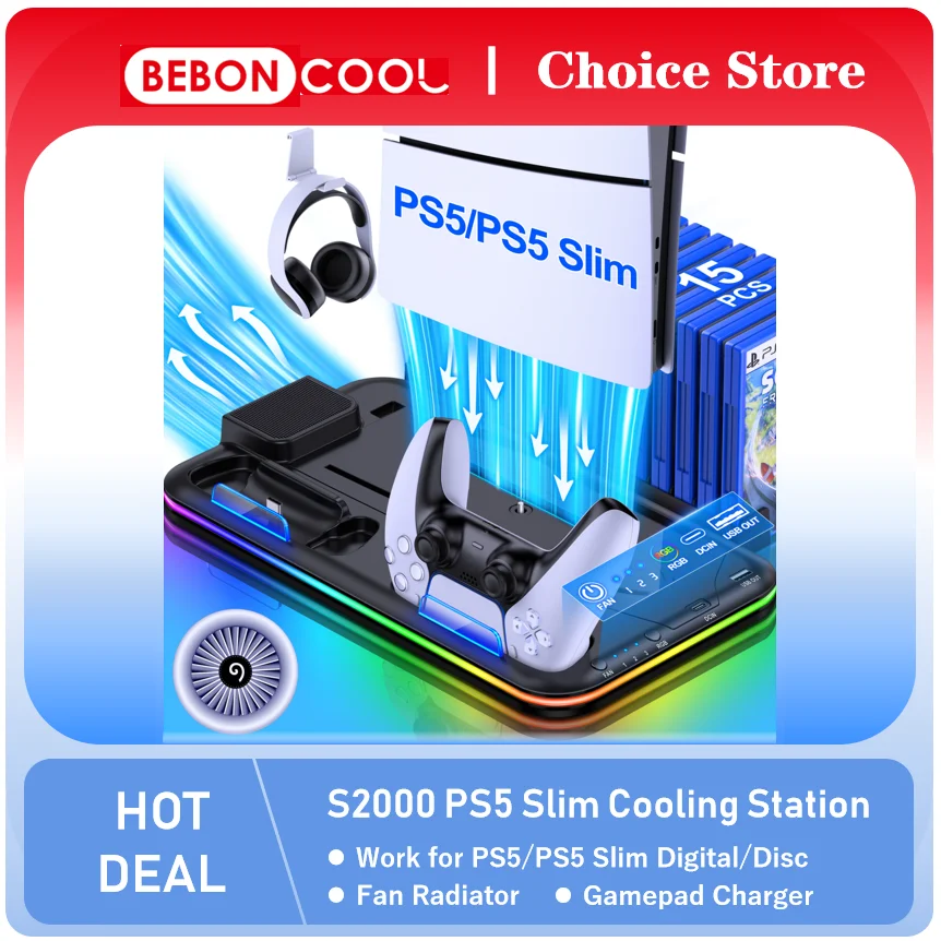 BEBONCOOL S2000 RGB Vertical Stand For  NEW PlayStation 5 Slim/PlayStation 5 Cooling Station Notebook-Grade Cooler PS5 Charger