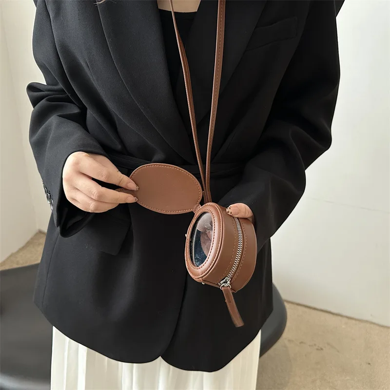 New PU Leather Hanging Neck Coin Purse with Makeup Mirror Oval Earphone Bag Lipstick Key Storage Purse Lanyard Wallet Streetwear