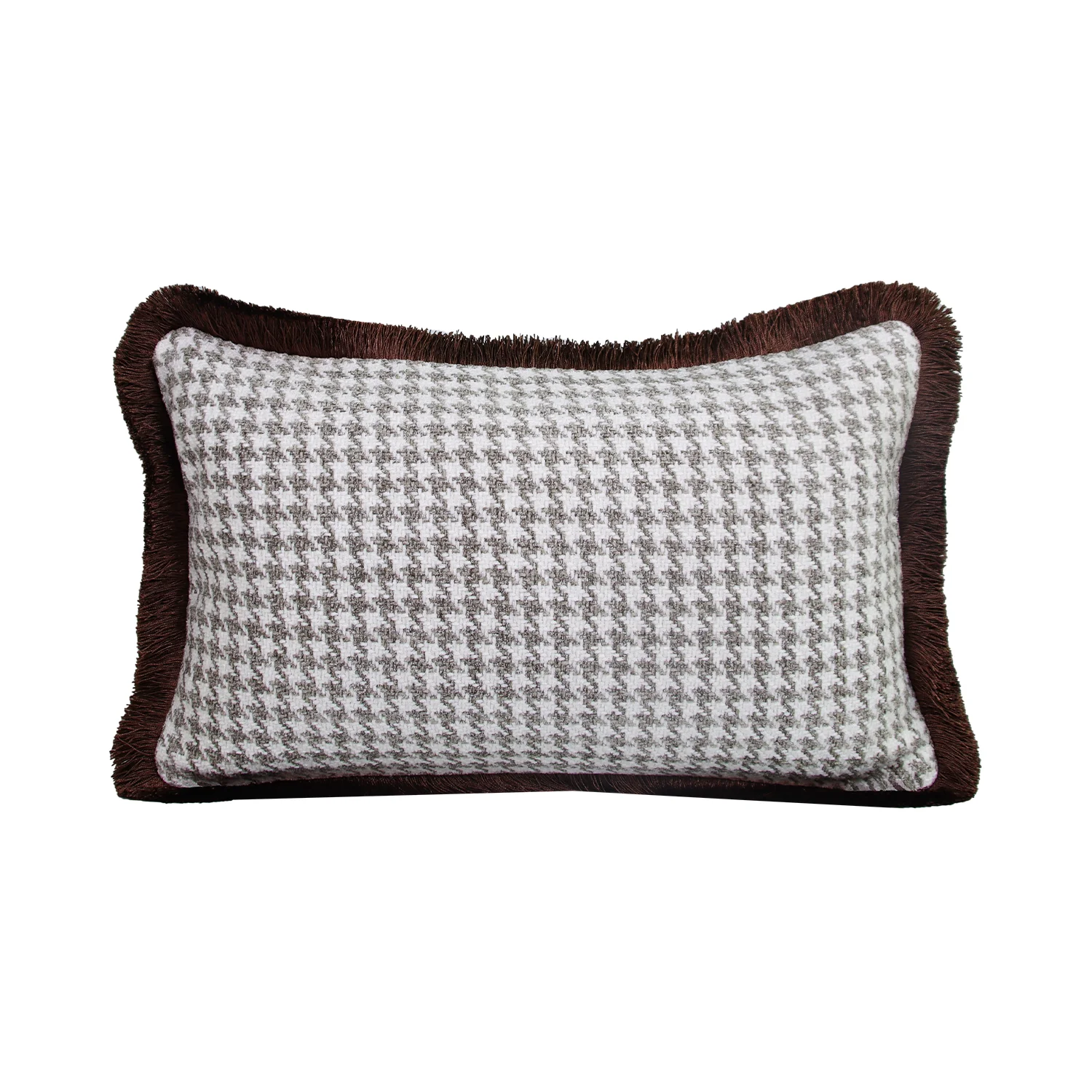 RUIYI French Vintage Houndstooth Lumbar Cushion Cover All Around Brown Fringe Decorative Pillow Case for Villa Hotel Showroom