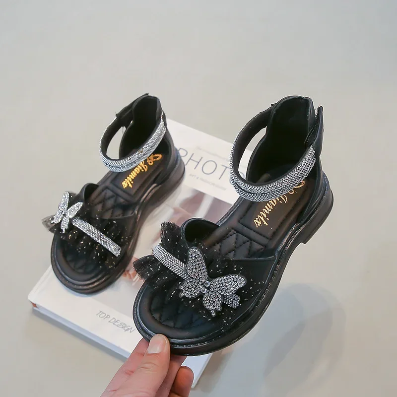 Girls Roman Shoes Mesh Lace Sweet Kids Sandals Shiny Butterfly 2025 Summer New Children Non-slip Soft Sole Open Toes Chic Cute