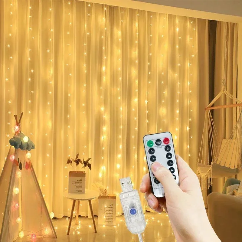 Curtain Lights USB Remote Control 8 Lighting Modes Fairy Lights String Wedding Party Window Garden Home Decoration Lamp String