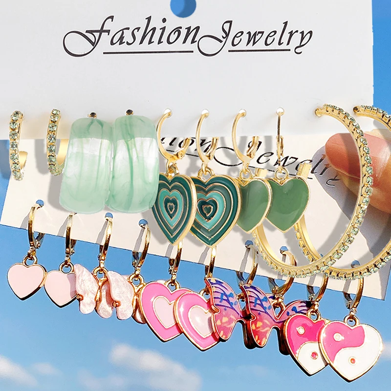 Colorful Earring Set Pink Green Heart Hoop Earrings For Women Dropping Oil Yinyang Earring Set Metal Party Jewelry