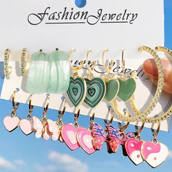 Colorful Earring Set Pink Green Heart Hoop Earrings For Women Dropping Oil Yinyang Earring Set Metal Party Jewelry