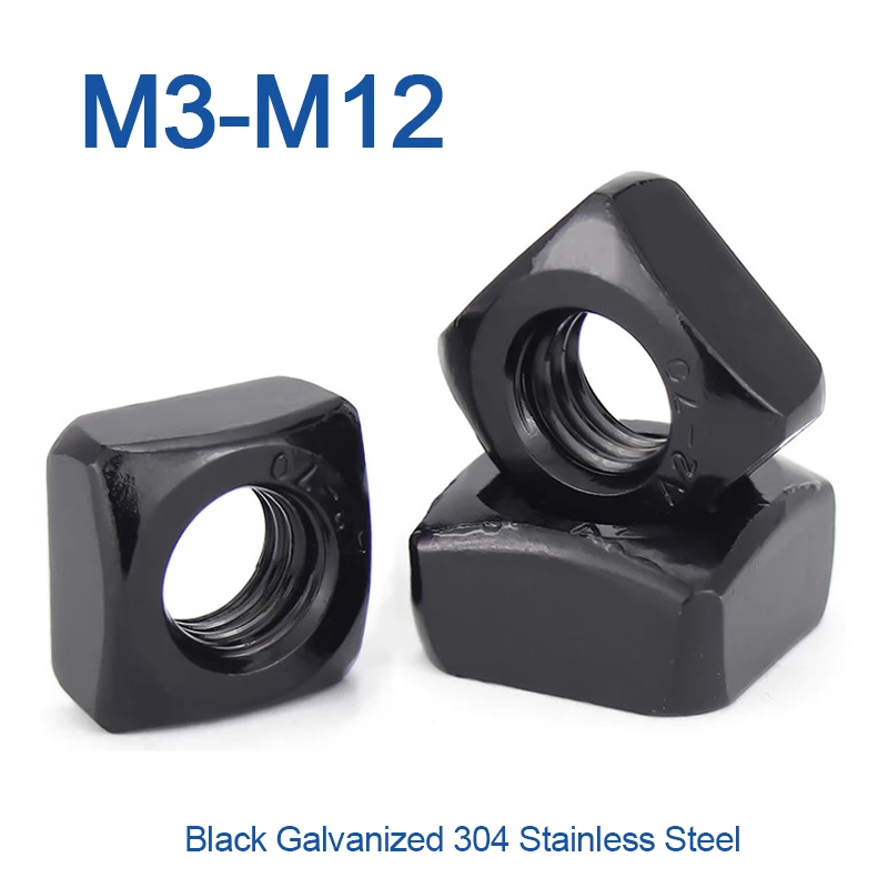 5~ 50pcs Black Galvanized Zinc Plated A2-70 304 Stainless Steel Square Nuts DIN 557 M3 M4 M5 M6 M8 M10 M12