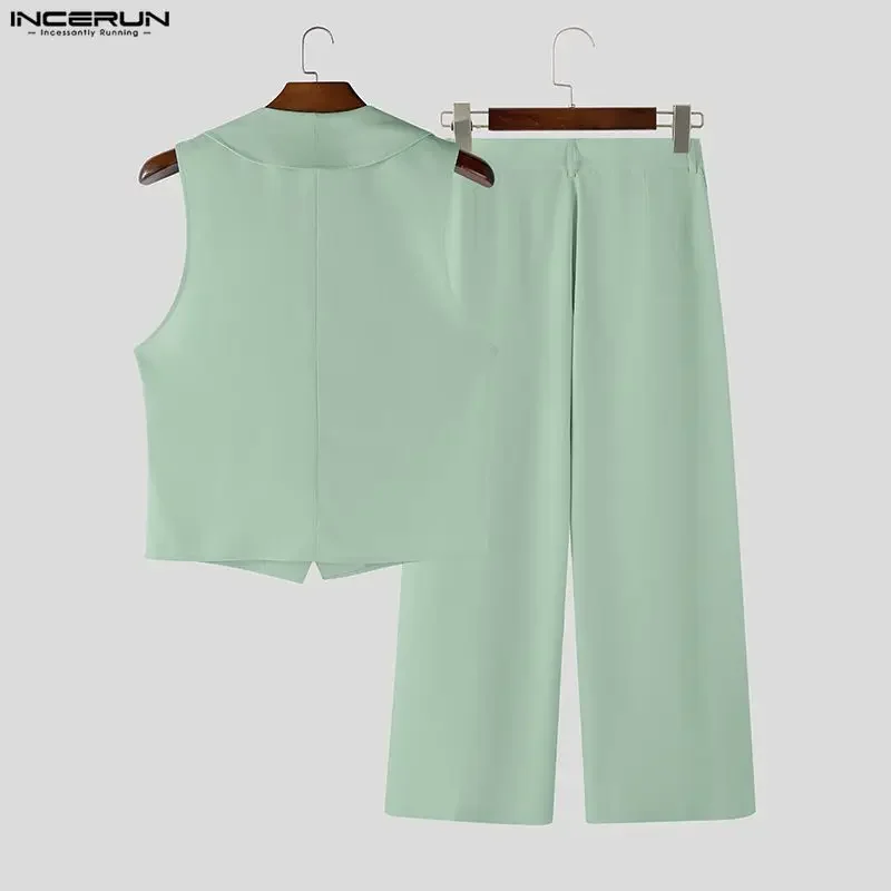 INCERUN Men Sets Solid Color V Neck Sleeveless Vests & Pants With Belt Two Pieces Sets Streetwear Elegant 2026 Fashion Men Suits view 5