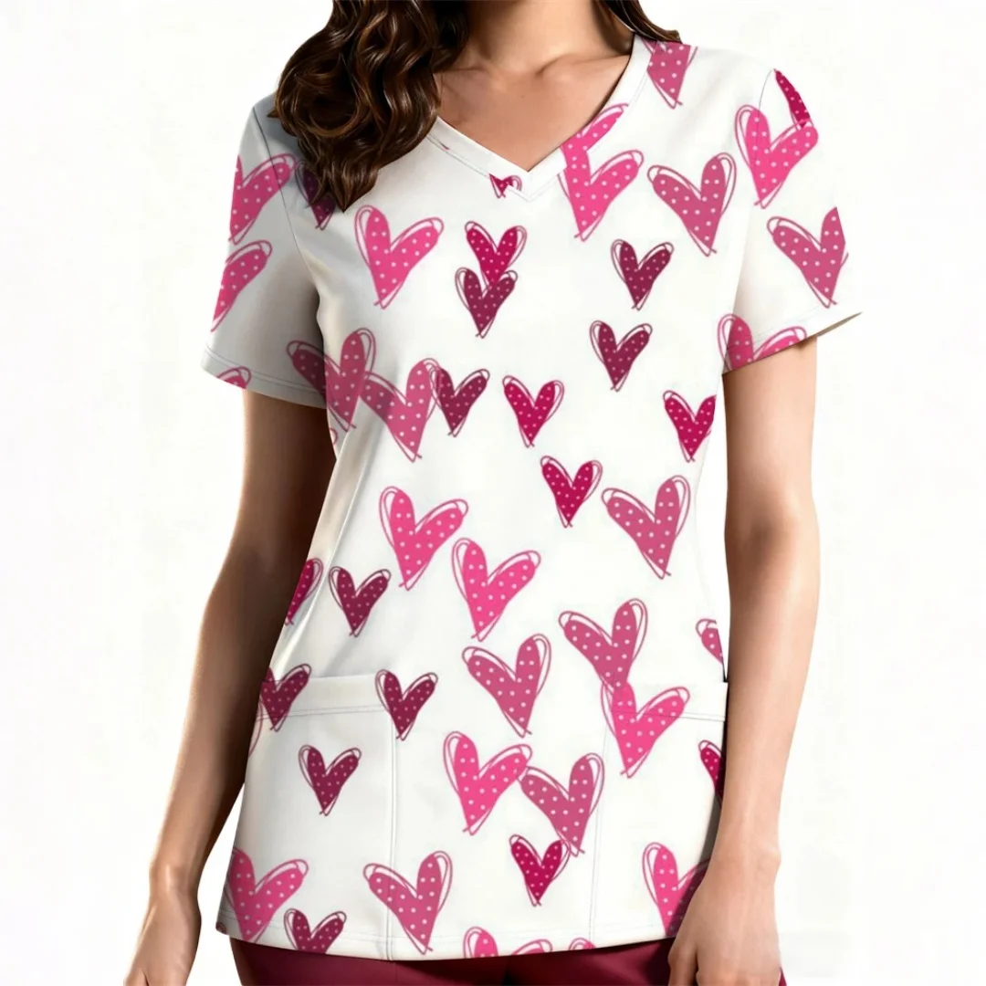 여성용 임상 유니폼 심플 러브 발렌타인 데이 테마 프린트 여성용 간호사 유니폼 루즈하고 편안한 캐주얼 일상 생활