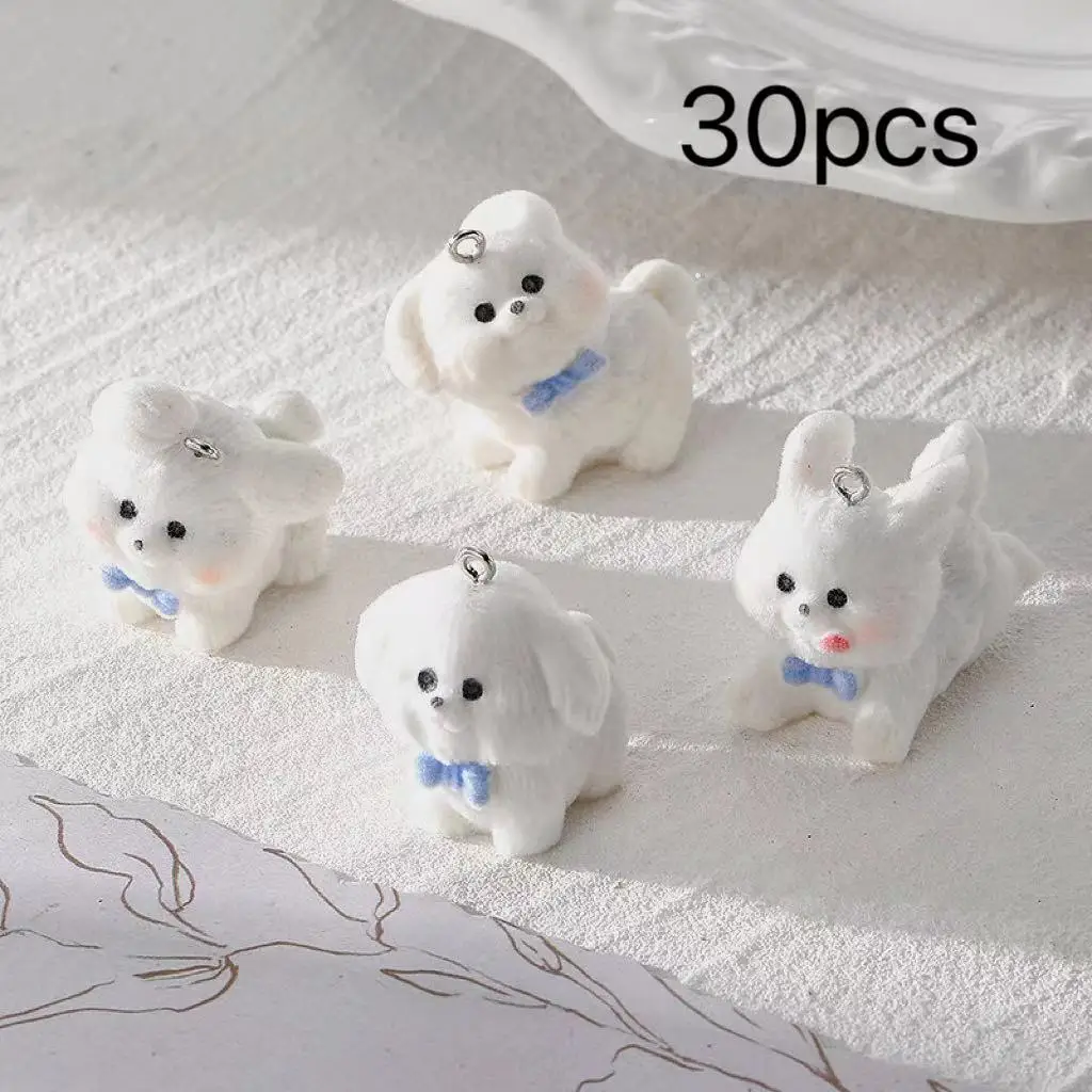 

30pcs 3D Kawaii Flocked Dog Charms Cartoon Stuffed Animal Resin Doll Pendant for Keychain Necklace Earring DlY Jewelry Make