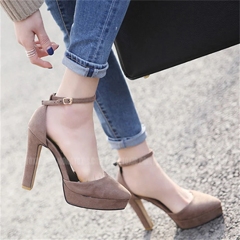 Fashion Women Ankle Strap Sandals Casual Flock Buckle Strap 11cm Thin High Heels Pointed Toe Women Sandals Discount Pumps Black