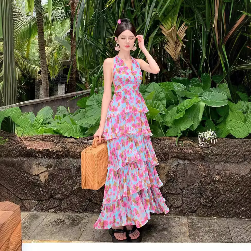 Parisian Floral Dress | Elegant Backless Design | Summer Vacation Boho Chic | Luxury Niche Fashion