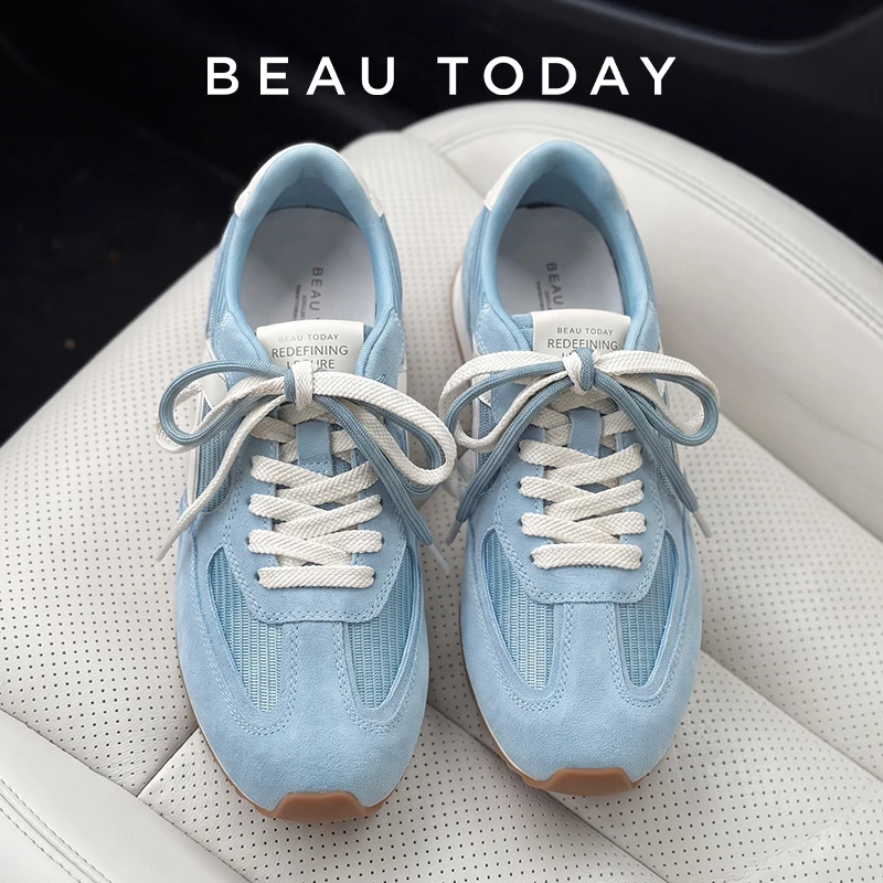 BEAUTODAY Casual Sneakers Cow Suede Leather Solid Color Round Toe Air Mesh Outdoor Trainers Lace-Up Ladies Shoes Handmade 29995