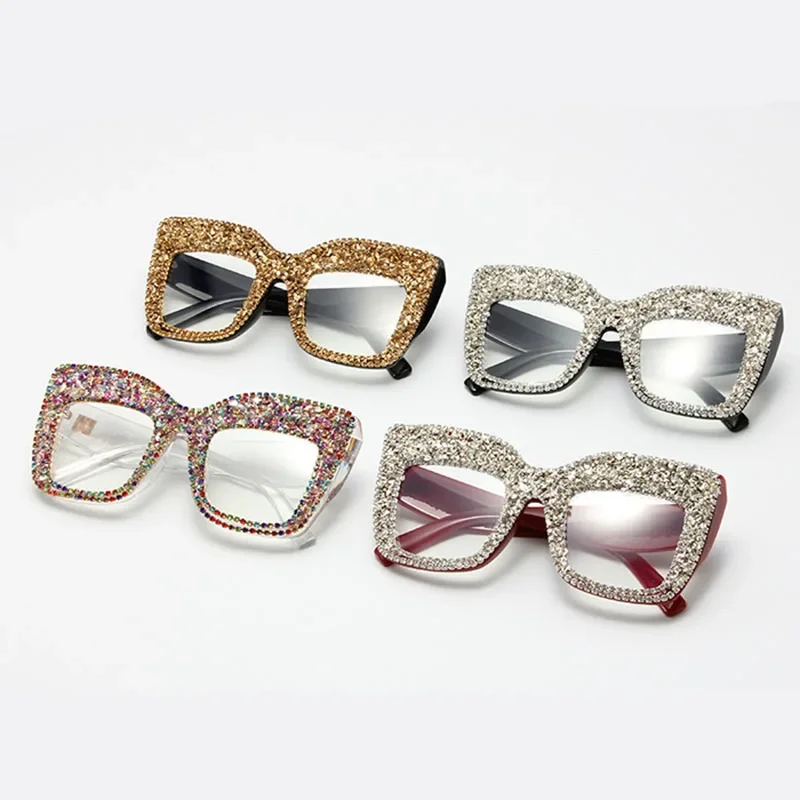 Luxury Diamond Anti Blue Light Square Glasses Women Vintage Myopia Prescription Optical Brand Designer Oversized Eyewear Frame