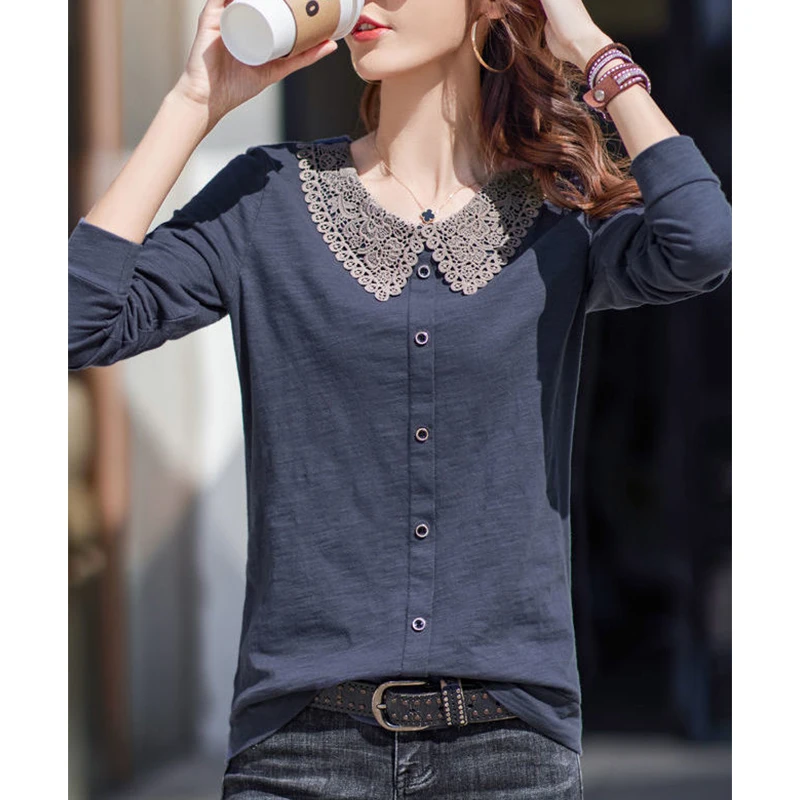 Spring Autumn Pure Cotton Doll Collar Lace Patchwork T-shirt Lady Long Sleeve Bottoming Top Women Casual Fashion Loose Pullover