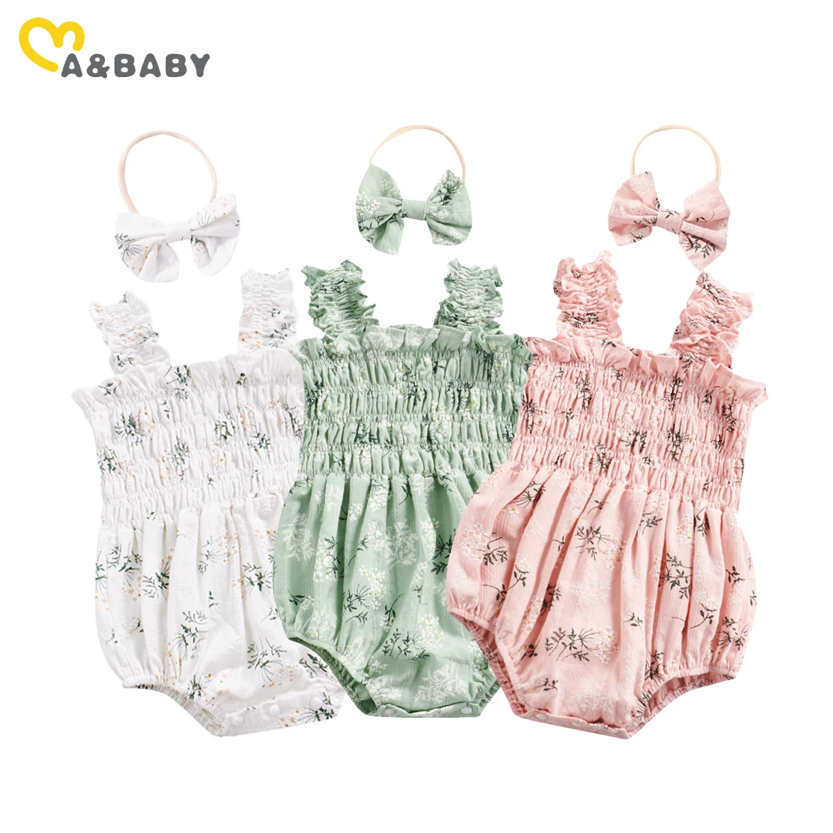 

Комбинезон ma&baby для маленьких девочек 0-24 месяцев, комбинезон для новорожденных, одежда без рукавов с цветочным принтом, повязка на голову, летние наряды