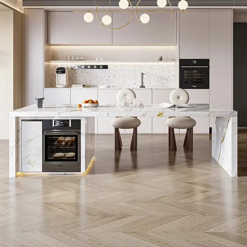 

Cream wind flush rock slab island table bar integrated kitchen can be designed high-end separate middle