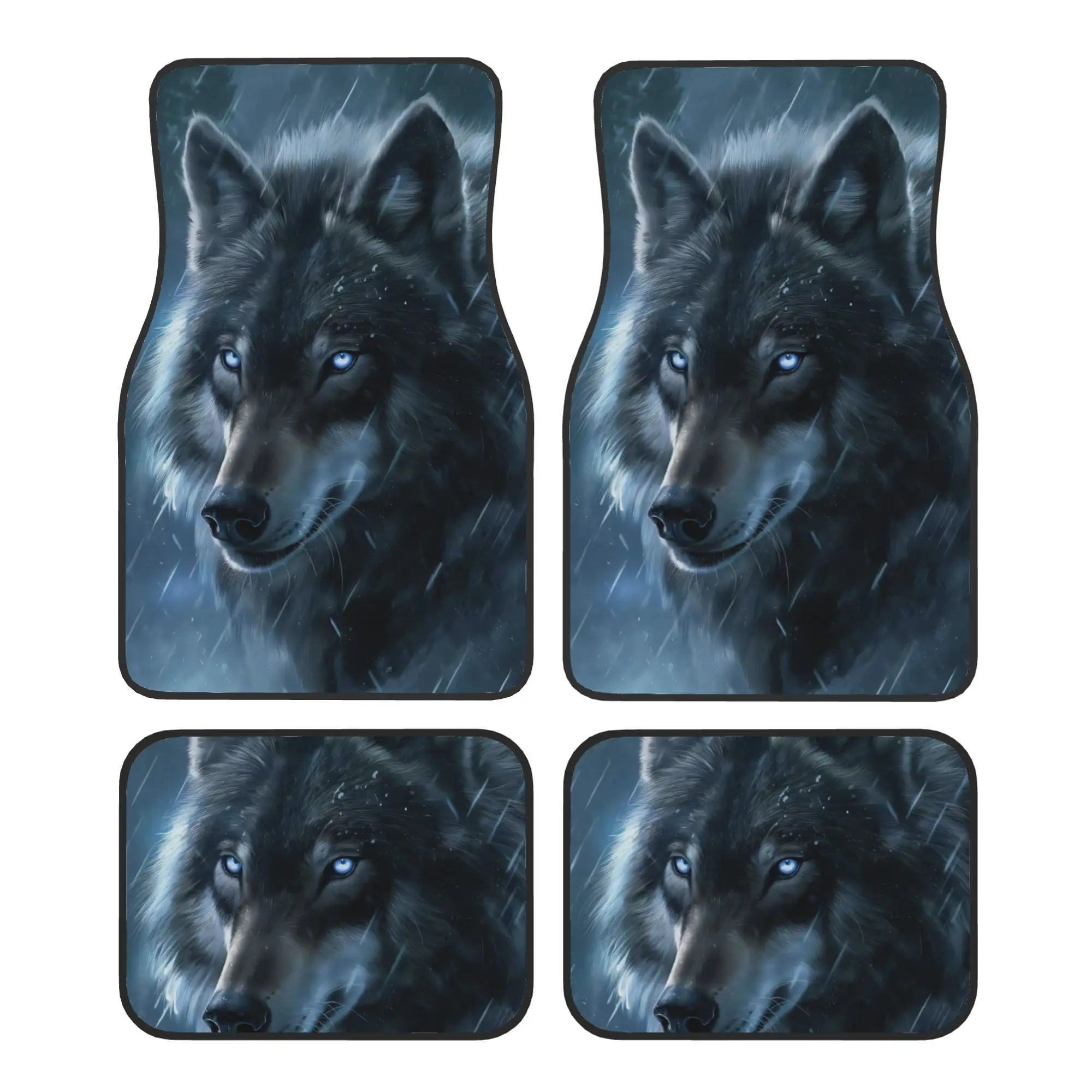 4pcs Arctic Wolf In The Rain Painting - Arctic Wolf In The Rain Fine Print Pattern Universal Car Floor Mats - Polyester Material