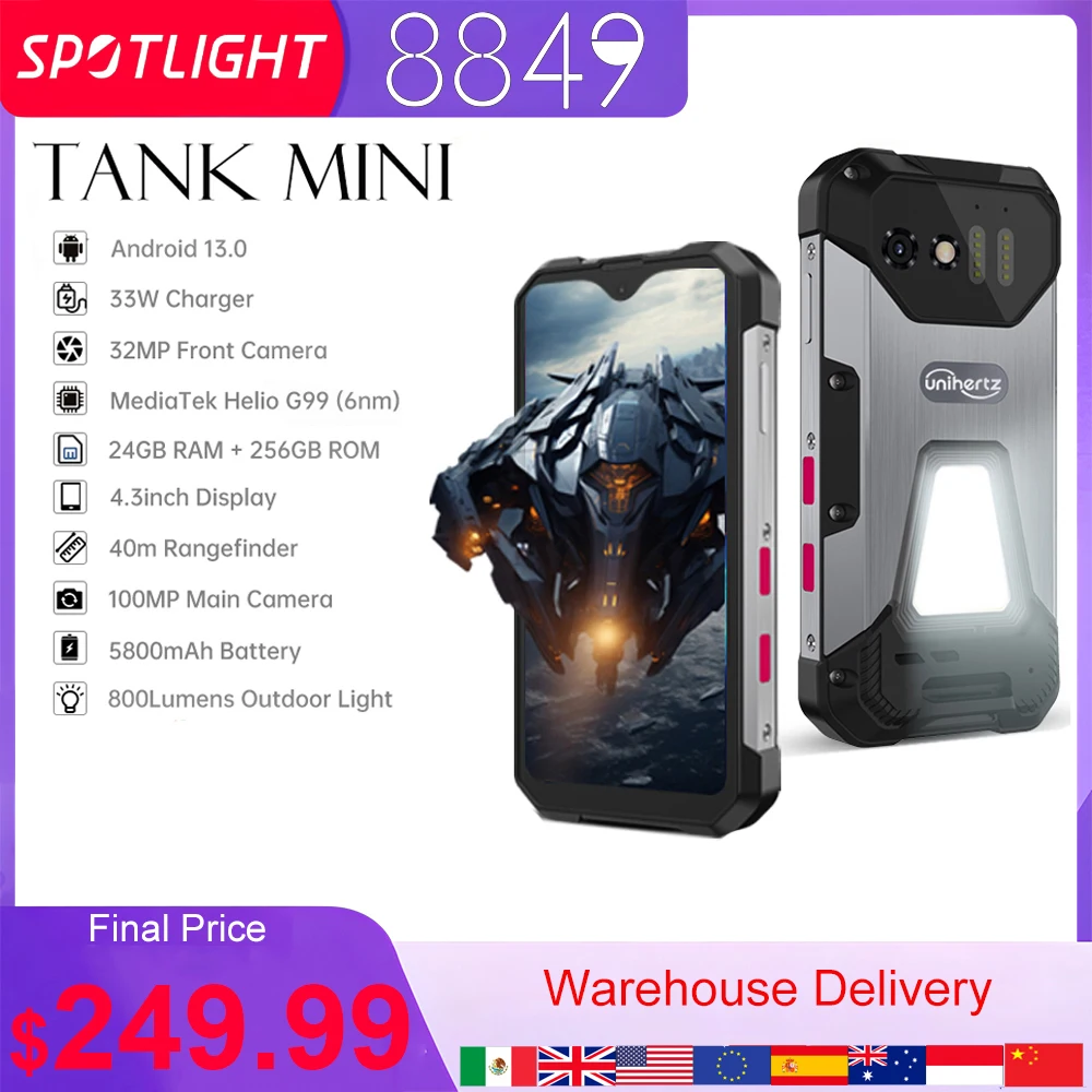 

8849 Tank Mini Rugged Machine 4.3" Display Android 13, Helio G99 Octa Core, 24GB 256GB, 100MP Cameras, 5800mAh,IP68