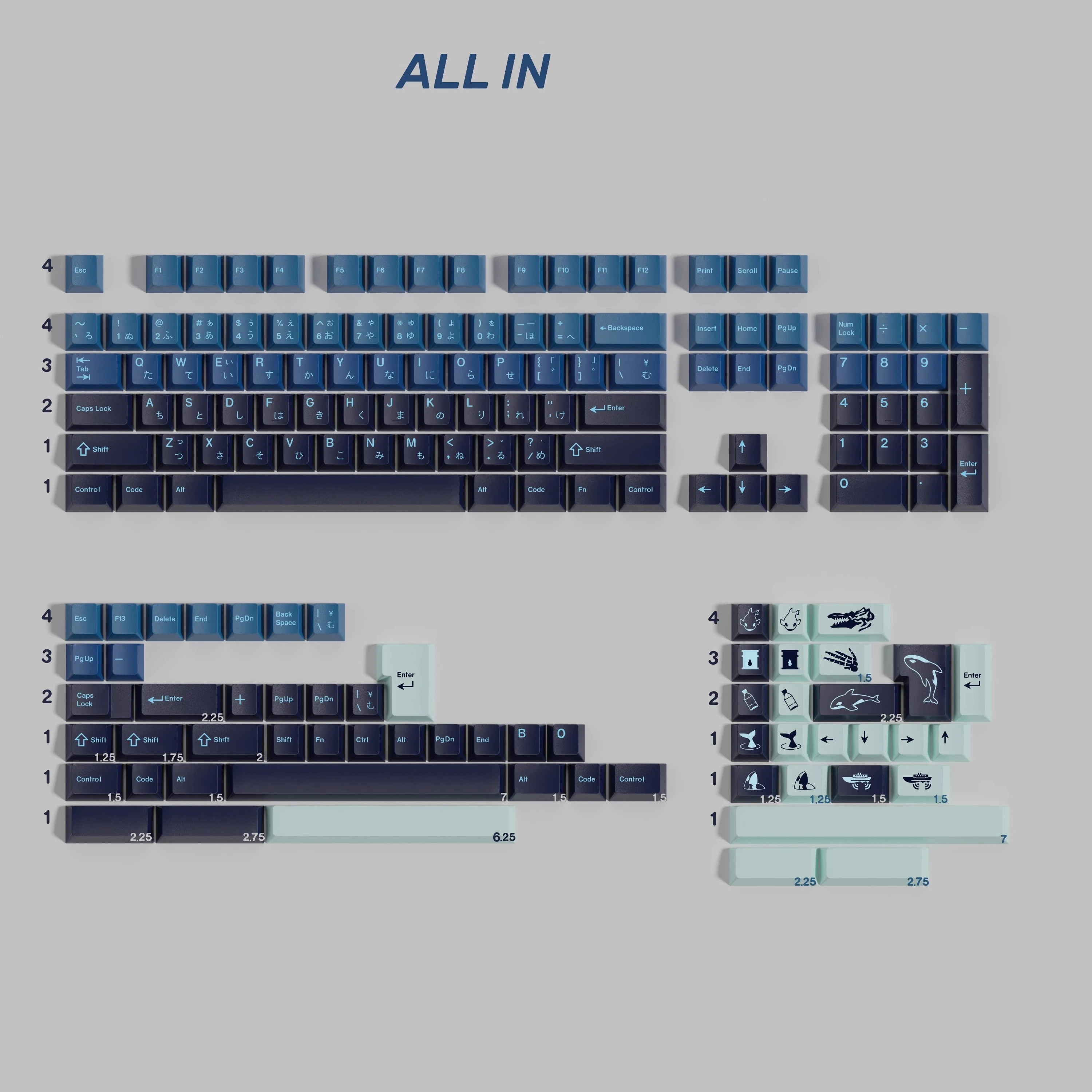 

PBT Japanese English DMK Silent Ocean Keycaps Cherry Profile Dye Sublimation Key Caps For MX Keyboard GH60 61 68 75 87 96 98 104