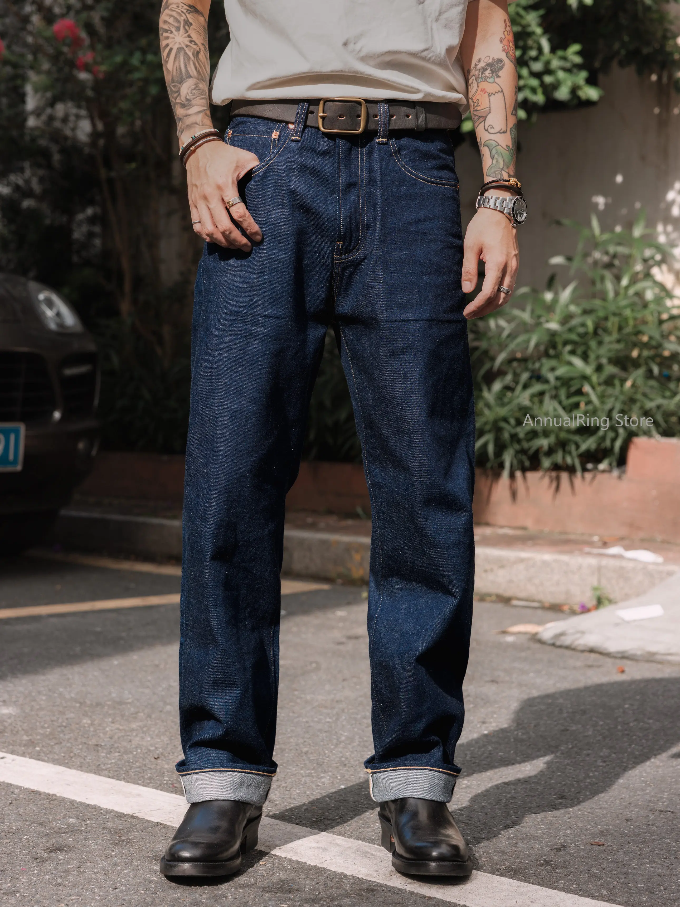 Red Tornado12OZ Raw Selvedge Denim Trousers, Retro WWII Battle Fit High Waist Loose Straight Summer Jeans for Men