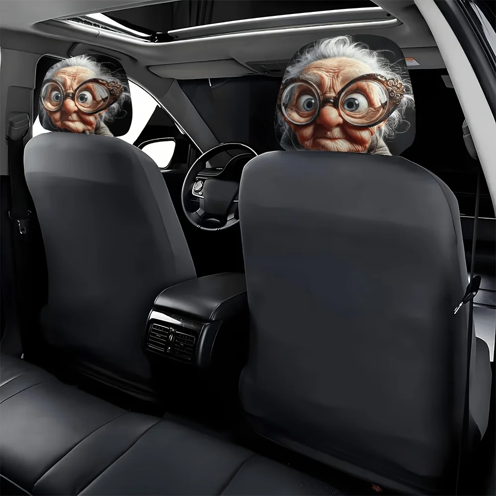 Retro-style Old Lady Print Car Headrest Covers,Universal Fit for Most Vehicles, Durable Material Seat Protection Headrest Covers