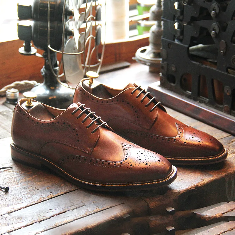 DESAI genuine leather business formal Derby shoes thick soled height increasing leisure shoes brogue carved handmade men\'s shoes