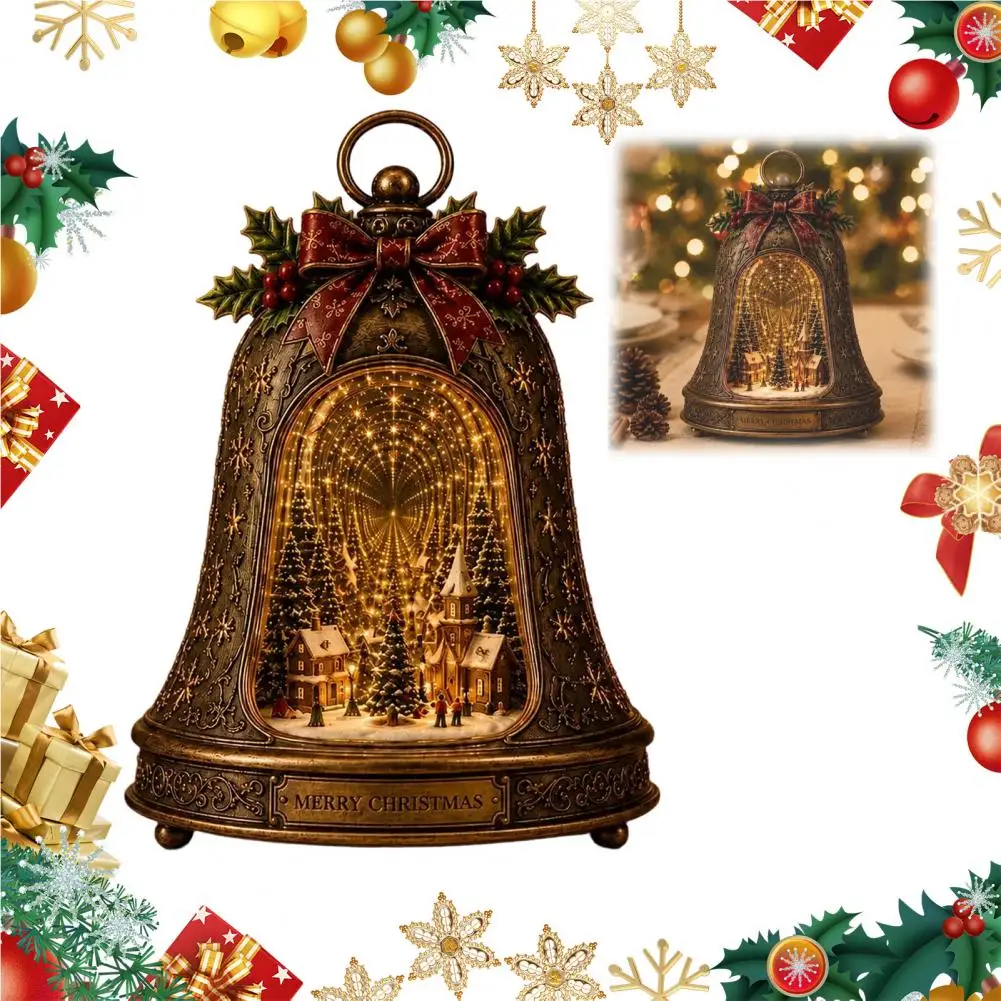 Glocken-Ornament Miniatur-Winterstadt Infinity-Glocken-Ornament Vintage Leuchtender Rotierender Schnee-Szenen-Engel-Kranz Herz Tischdekoration