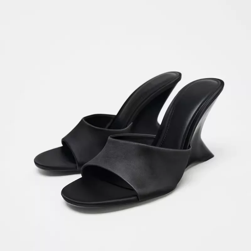 

Brand Designer Summer Women High heel Wedges Heel Slippers Elegant Square Toe Slip On Slides Outdoor Dress Street Style Shoes