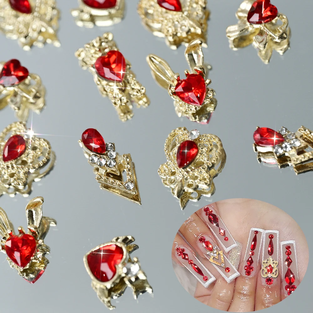 6칸 3D 럭셔리 메탈 합금 하트 지르콘 네일 아트 참 장식품, 홀로그램/리본/곰/토끼 모양, 레드 하트 글라스 라인스톤 네일 데코