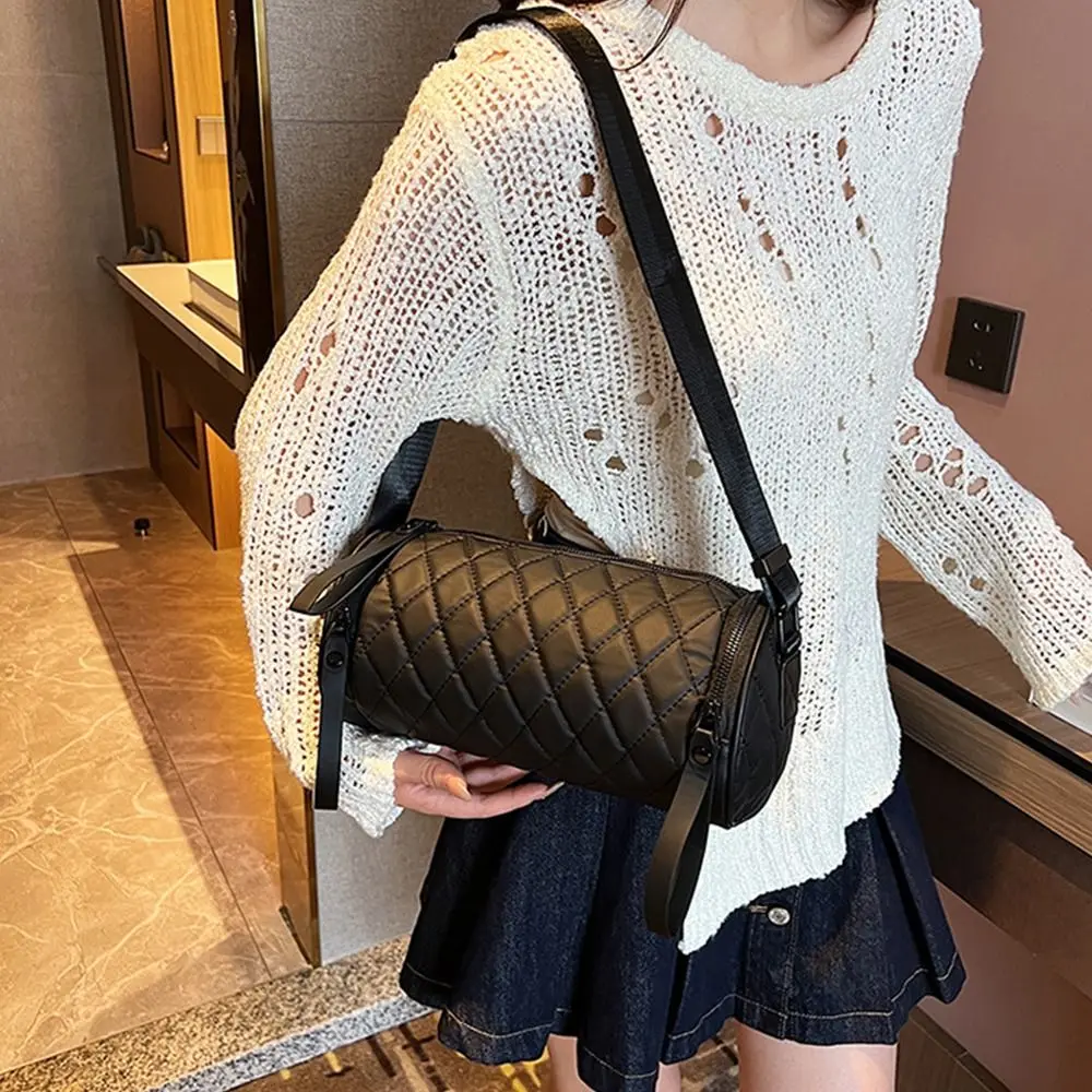 

Simple Elegant Nylon Shoulder Bag Plaid Solid Color Rhombus Crossbody Bag Handbag Korean Style Cylinder Bag Lady