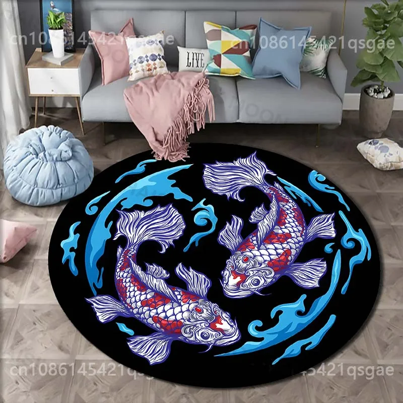 Multiple sizes Koi design surrounded by waves Print Round Carpet for Living Room Bedroom Sofa Floor Mat Area Rug Luxury Gift