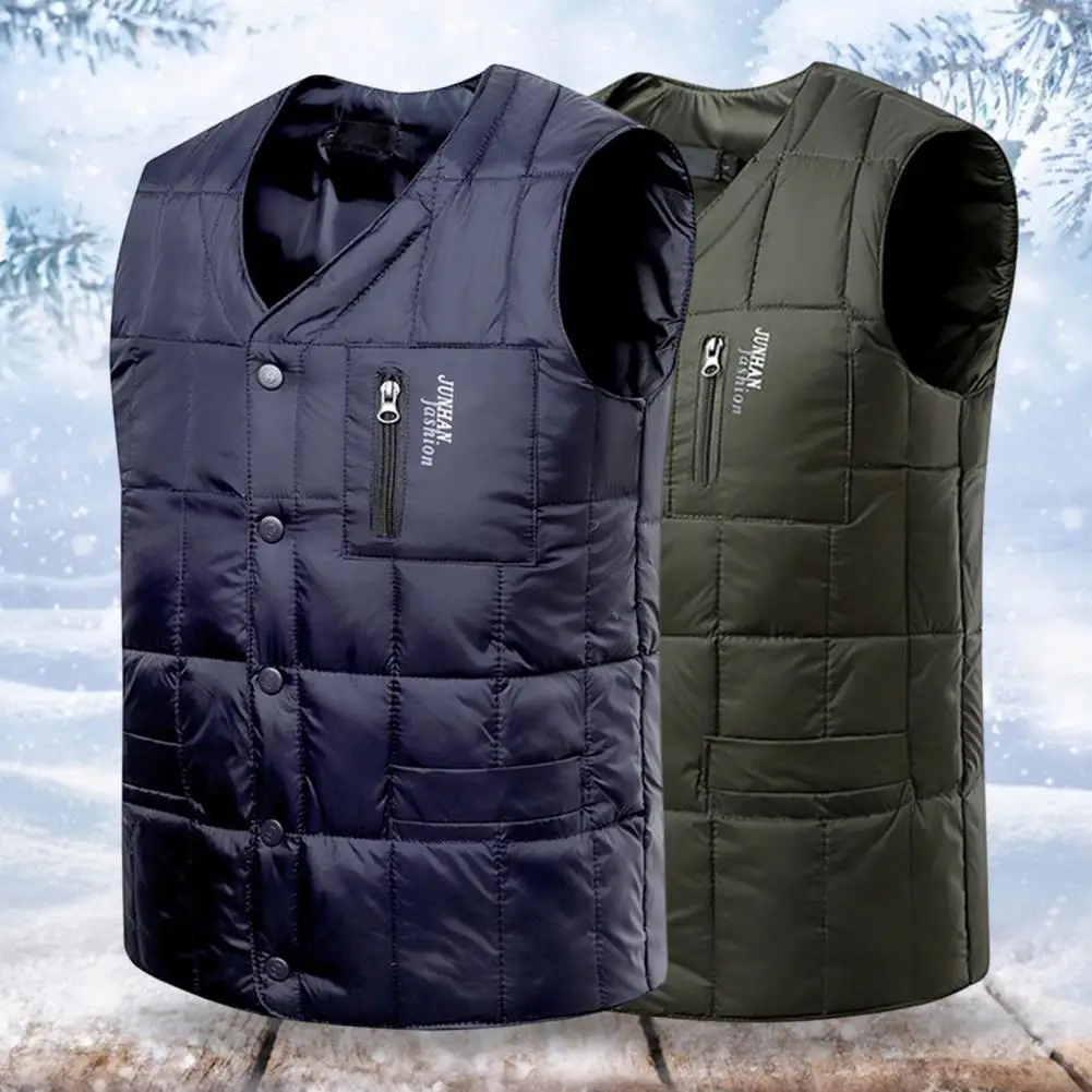 Men Winter Vest Single-breasted Sleeveless Solid Color Cardigan Zipper Decor Cold-proof V Neck Padded Plus Size Winter Cotton Co