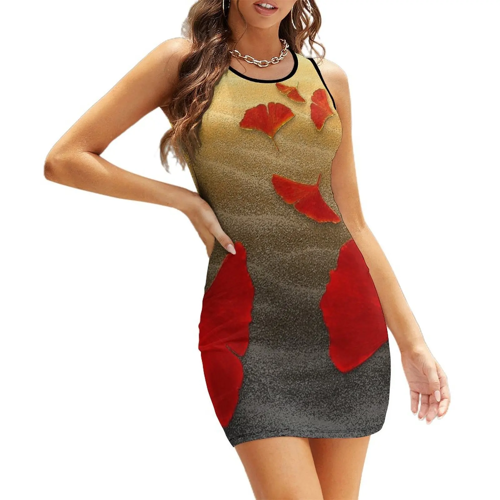 

Red Ginko Sleeveless Sundress Dresses for wedding party Aesthetic clothing chic and elegant woman dress Female dress
