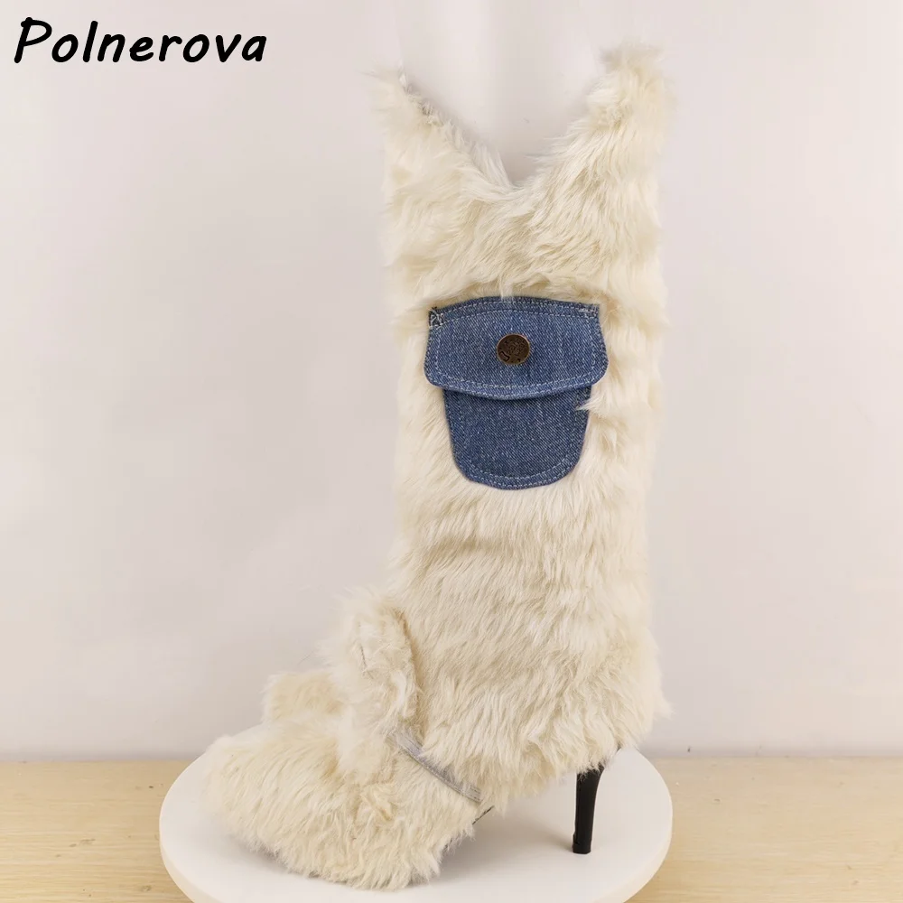 Beige Pocket Furry Boots Soft Warm Winter Round Toe Side Zipper Thin Heels Women Shoes Solid Fashion Luxury All Match Snow Boots