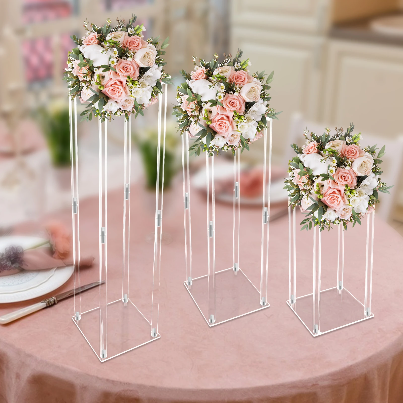 Centerpieces Pernikahan Vas Akrilik, 3 Buah Stand Display Bunga Kolom Bening, Stand Display Geometris untuk Dekorasi Rumah