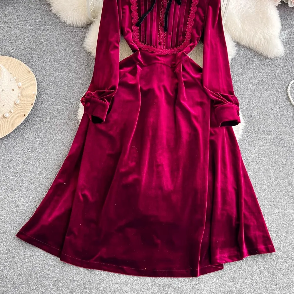 High Quality Autumn Winter Velvet Dress Vintage Women Stand Collar Lace Up Bow Long Sleeve Ladies Office Velour Soft Vestidos