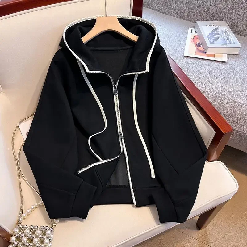 

Hooded sweater cardigan for women in autumn and winter 2024, new design sense, niche stitching, double zipper loose casual coat.